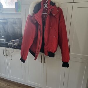 Moose Knuckles Red Men's Puffer Jacket with Fur Trim
